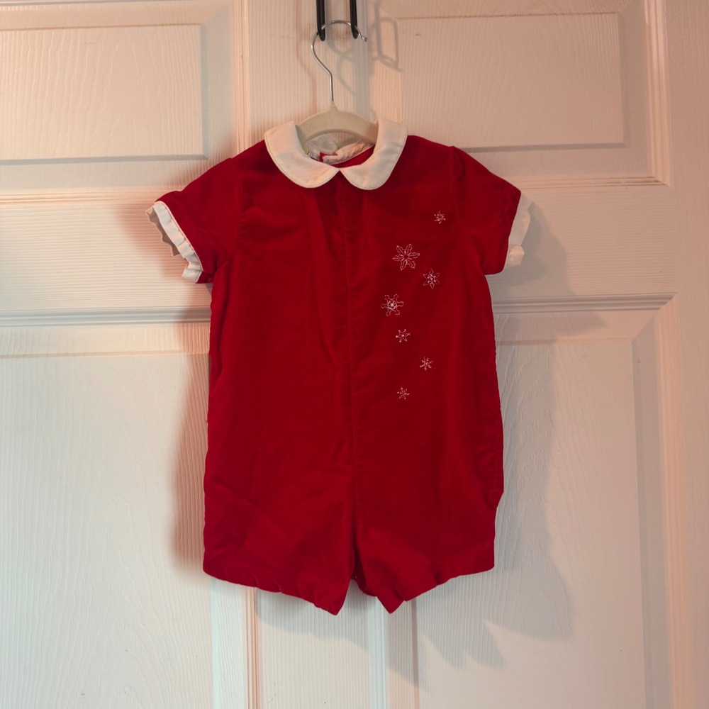 Toddle Tyke Romper‎ Kids Large Red Snowflake Corduroy Vintage Holiday 5435